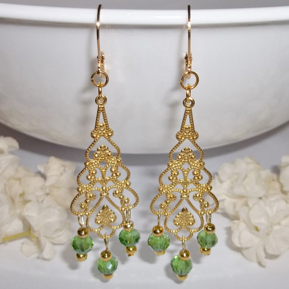 wvluckygirl Jewelry - Chandelier Earring Set Statement Green & Gold 4888